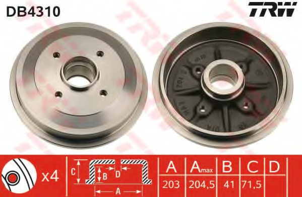 Tambur frana DB4310 TRW pentru CitroEn Ds3 Peugeot 208 Peugeot 206 Peugeot 206 CitroEn C3 CitroEn C2 Peugeot 1007 CitroEn C-elysee Peugeot 301