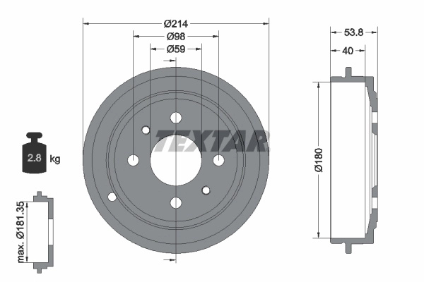 Tambur frana Textar FIAT 500 C (312_) 2009-2025 - 94014800