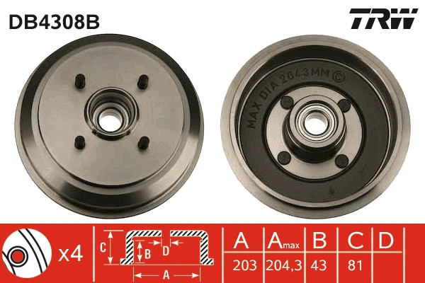 Tambur frana TRW DB4308B pentru FORD FUSION (JU_) 2002-2012