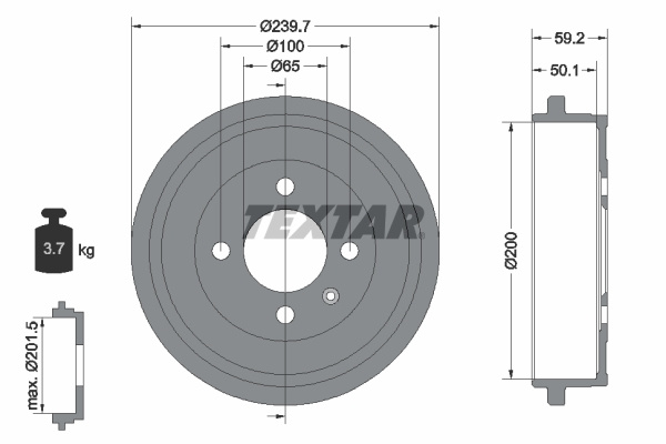 Tambur frana # Vw Up 2011 2012 2013 2014 2015 2016 2017 2018 2019 2020 2021 2022 2023 2024 2025 # 94022800 # TEXTAR