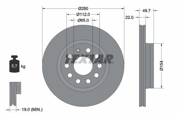 TEXTAR Disc frana 92120705 pentru VW JETTA IV (162, 163, AV3, AV2) 2010 2011 2012 2013 2014 2015 2016 2017 2018