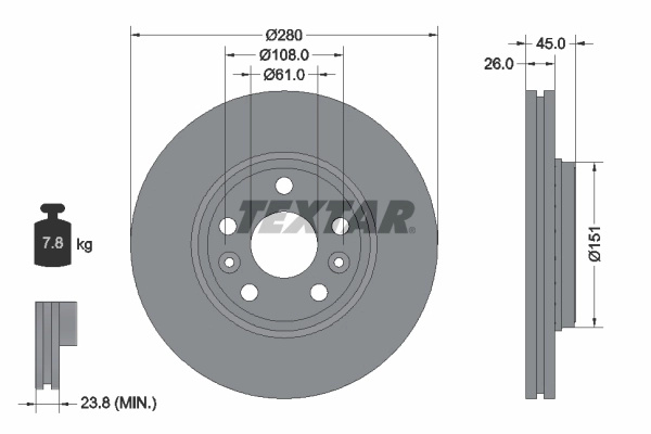 TEXTAR Disc frana 92257903 compatibil cu MERCEDES-BENZ CITAN Autoutilitara/limuzina spatioasa (W415) 2012 2013 2014 2015 2016 2017 2018 2019 2020 2021