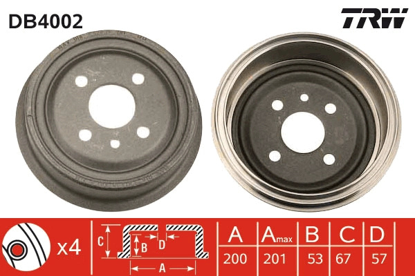 TRW Tambur frana DB4002 se potriveste la OPEL ASTRA F Cabriolet (T92) 1993 1994 1995 1996 1997 1998 1999 2000 2001