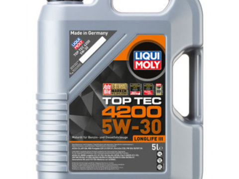 Ulei de motor Liqui Moly Top Tec 4200 5W 30 5 litri. ACEA C3; API SN; BMW LL04; MB 229.31 MB 229.51; Porsche C30; VW 504 00 507 00