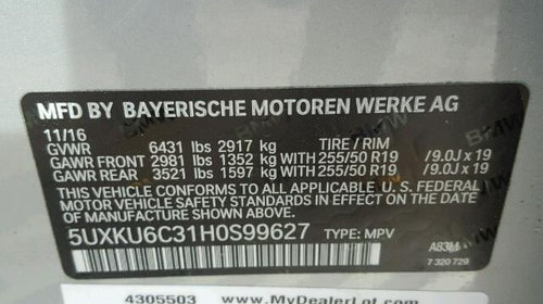 Usa stanga spate BMW X6 F16 2017 330kw /